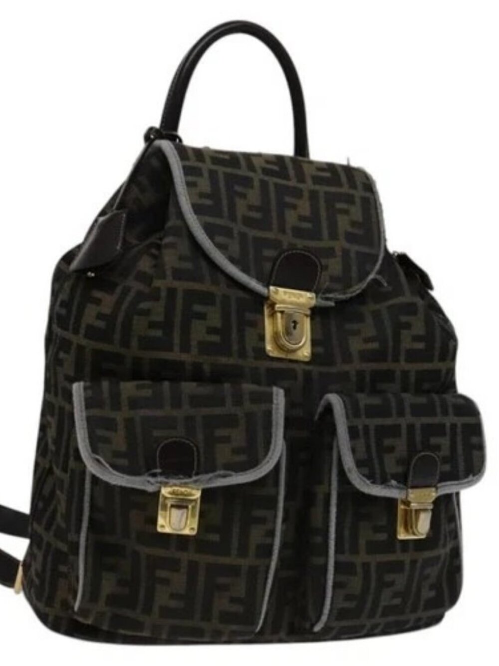 FENDI Zucca Canvas Backpack Brown Black gold Auth 111351